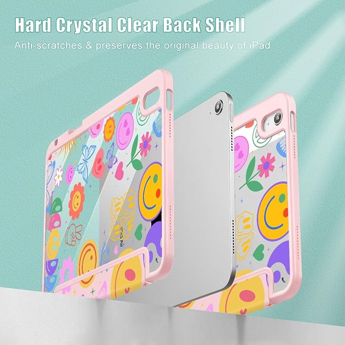 May Chen for iPad Air 11-inch M4/M3/M2 (2026/2025/2024) iPad Air 5th/4th 10.9 Inch - Shockproof Cover with Clear Back Shell &amp Penceil Holder Auto Wake/Sleep Stand Cover Smile Pattern