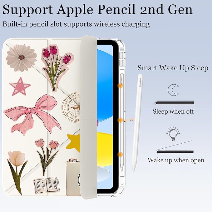 Cute Stamp Flower Bow for iPad (A16) 11th/10th Generation Case 11 Inch/10.9 Inch 2025/2022 with Pencil Holder Auto Sleep/Wake White Leather Acrylic Back Detachable Cover