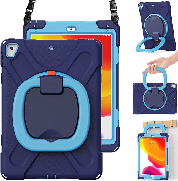 BRAECN Silicone Case for iPad 9.7 Inch 6th/5th Generation iPad Pro 9.7 iPad Air 2 Triple Protected Rugged Cover with Stable Kickstand/Hand Grip/Pencil Holder/Shoulder Strap for Kids-Navy+Blue