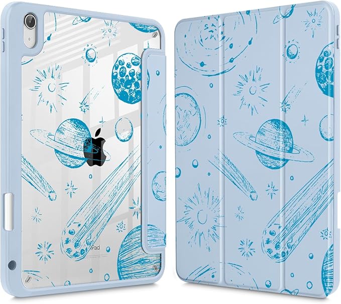 Tuiklol for iPad (A16 Chip) 11th Generation 11 inch 2025 / iPad 10th Generation 10.9 inch 2022 Case Buit in Pencil Holder with Clear Back Shell Cover Trifold Stand Auto Wake/Sleep Space Comets-Blue