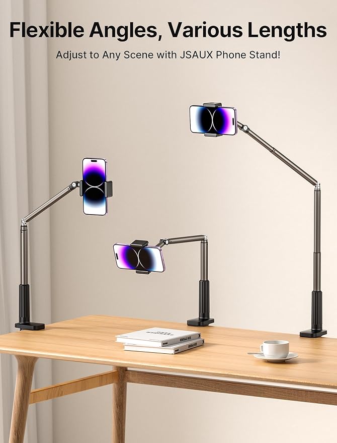 JSAUX Phone Holder for Desk and Bed Compatible with iPhone 17 16 15 14 13 12 Overhead Phone Mount Gooseneck Phone Stand Flexible 360 Lazy Long Arm Clamp Clip for Table Bedside [1-Pack Black]