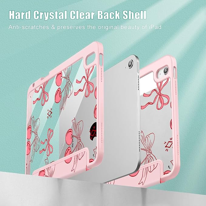 May Chen for iPad Air 11-inch M4/M3/M2 (2026/2025/2024) iPad Air 5th/4th 10.9 Inch - Shockproof Cover with Clear Back Shell &amp Penceil Holder Auto Wake/Sleep Stand Cover Coquette Cherry Bow