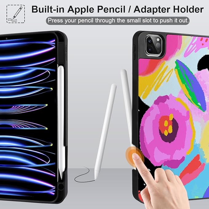 MEEgoodo for iPad Pro 12.9 Case M2 6th/5th/4th/3rd Generation 2022 2021 2020 2018 with Pencil Holder Tablet Cover with Soft TPU Back Shell Colorful Painted Floral