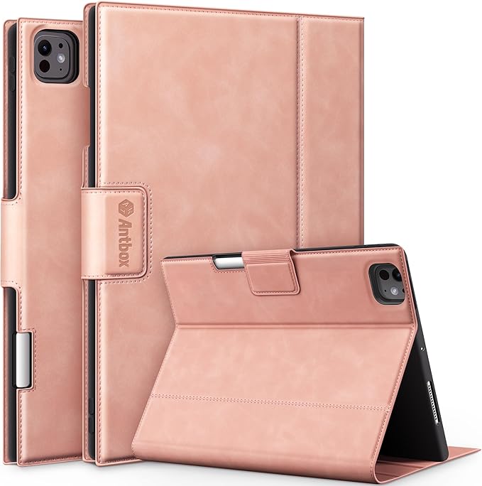 Antbox for iPad Pro 11 Inch Case M5 2025/M4 2024 Premium Vegan Leather Supports Pencil Pro and Pencil (USB-C) Auto Sleep/Wake Function Built-in Pencil Holder (Pink)