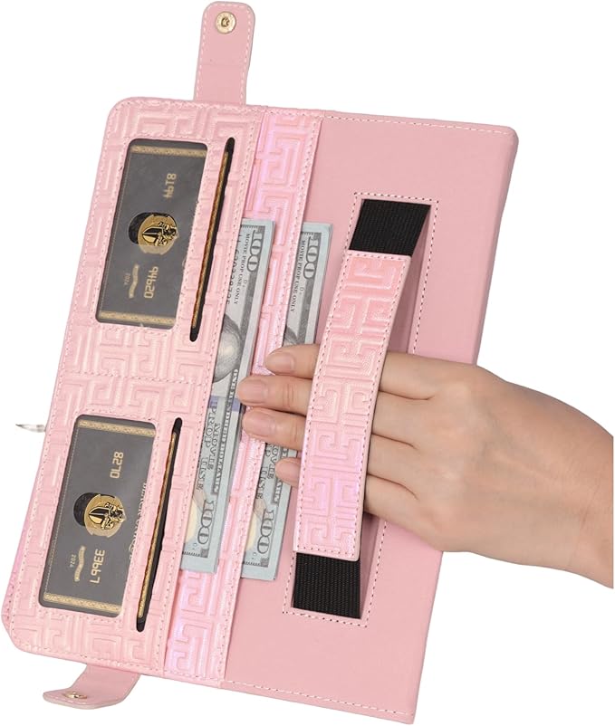 Shiny Case for Samsung Galaxy Tab S10+ 2024/S9 FE+ 2023/S9+ Plus 12.4 Techcircle Crossbody Iridescent Folio Stand Wallet Case with Pen Holder+Card Slots+Hand Strap+Shoulder Strap Shiny Pink