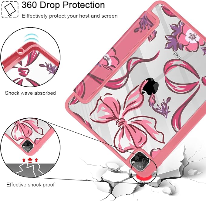 Mektron Case for iPad Pro 11 inch (4th 3rd 2nd &amp 1st Gen) 2022 2021 2020 2018 Buit in Pencil Holder with Shockproof Cover Clear Shell + Auto Wake/Sleep Flowers-Bows-Red