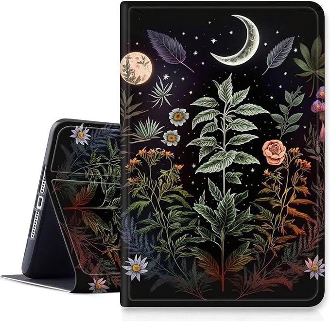 for Fire HD 8 Tablet Case (12th/10th Generation2024/2022/2020 Release)/Amazon Kindle Fire 8 CaseHybrid Slim Multi-Angles Stand Auto Wake/Sleep Cover-Flowers Plants Moon Night
