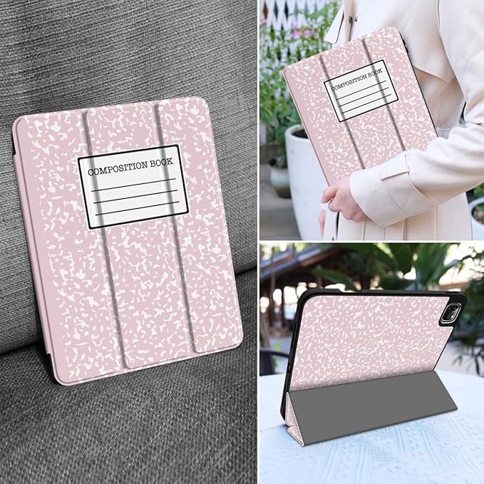 MEEgoodo for iPad Pro 12.9 Case M2 6th/5th/4th/3rd Generation 2022 2021 2020 2018 with Pencil Holder Tablet Cover with Soft TPU Back Shell Pink Composition Book