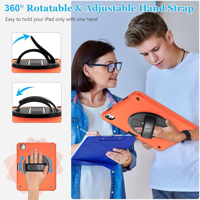 Case for iPad Pro 13 Inch M5 2025/ M4 2024: Military Grade Cover for iPad Pro 13 with Screen Protector - Stand - Handle - Shoulder Strap - Pencil Holder- Orange