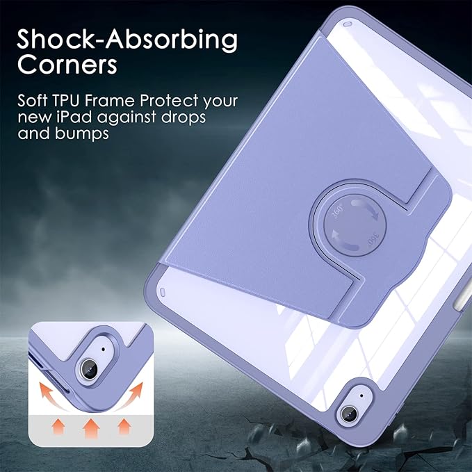 Soke Rotating Case for iPad (A16) 11th Generation 2025 iPad 10th Gen 2022 with Pencil Holder [Shockproof + Auto Sleep/Wake] 360 Degree Rotation Clear Back for iPad 11/10.9 - Lilac Purple