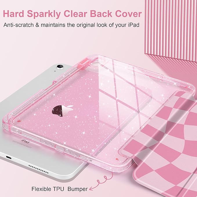 MEEgoodo Case for iPad A16 11th Generation 2025/10th Generation 2022 Glitter Tablet Cases with Transparent Acrylic Back+Trifold Stand +Pencil Holder+Auto Wake/SleepRomantic Pink Square