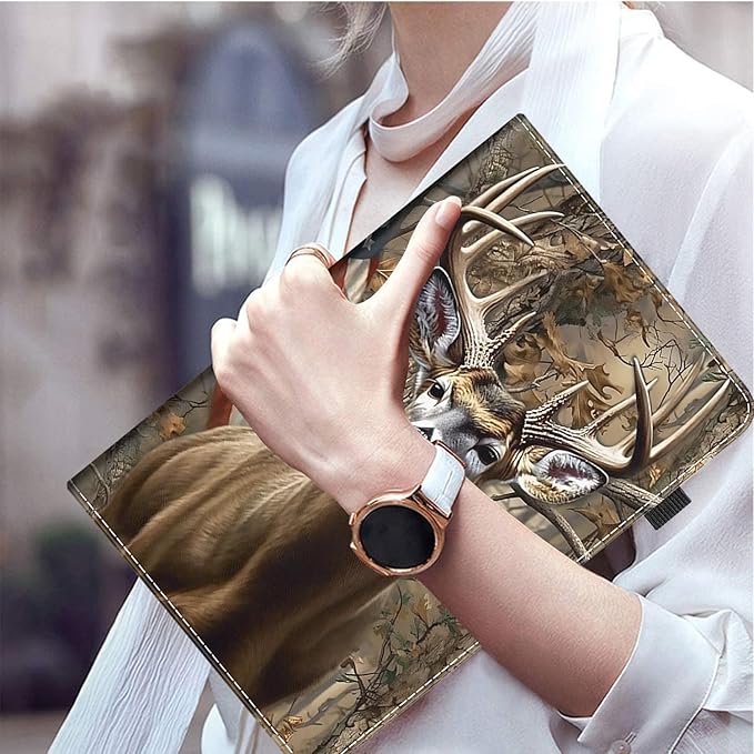 Case Fits Amazon Kindle Fire HD 8 &amp 8 Plus Tablet (12th Generation/10th Generation 2022/2020 Release) 8 Multi-Angle Smart Stand Cover Auto Sleep/WakeCamouflage Deer American Flag