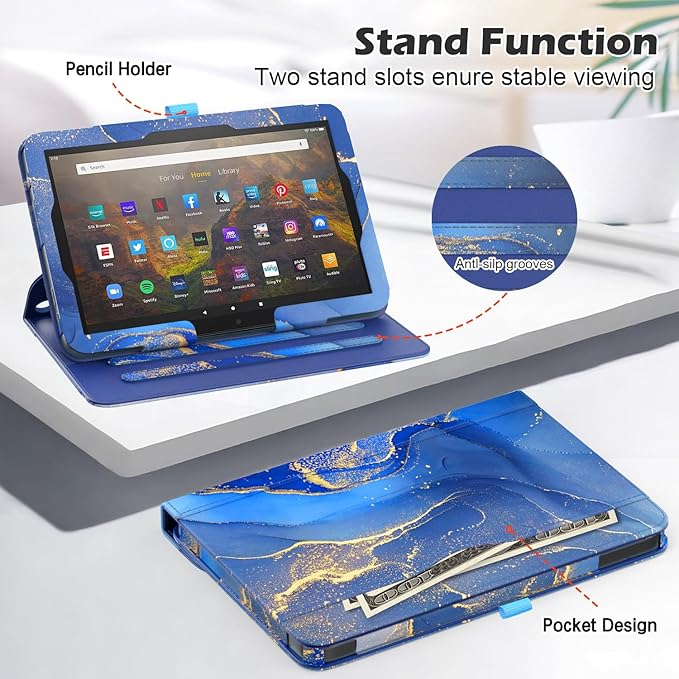 Case for 10 &amp 10 Plus Tablet (13th/ 11th Generation 2023/2021 Released) 360 Degree Rotating Stand PU Leather Cover with Pencil Holder Auto Sleep/Wake Pocket Design Marble Gray Blue