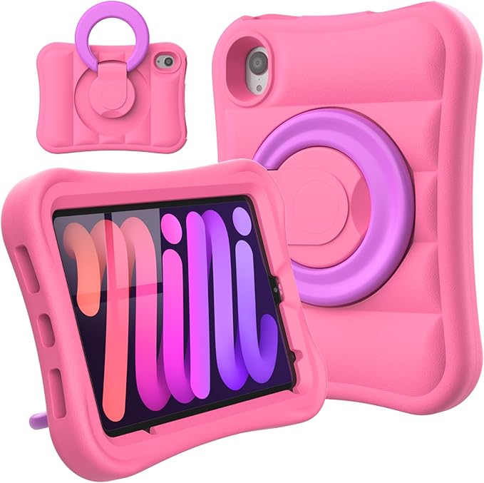 Kids Case for iPad mini 7 (A17 Pro) 2024 / Mini 6th Gen 2021 8.3 inch – Lightweight Flexible Shockproof Rotating Stand Handle Rugged Cover for iPad mini 7th 6 Generation Girls Boys Pink