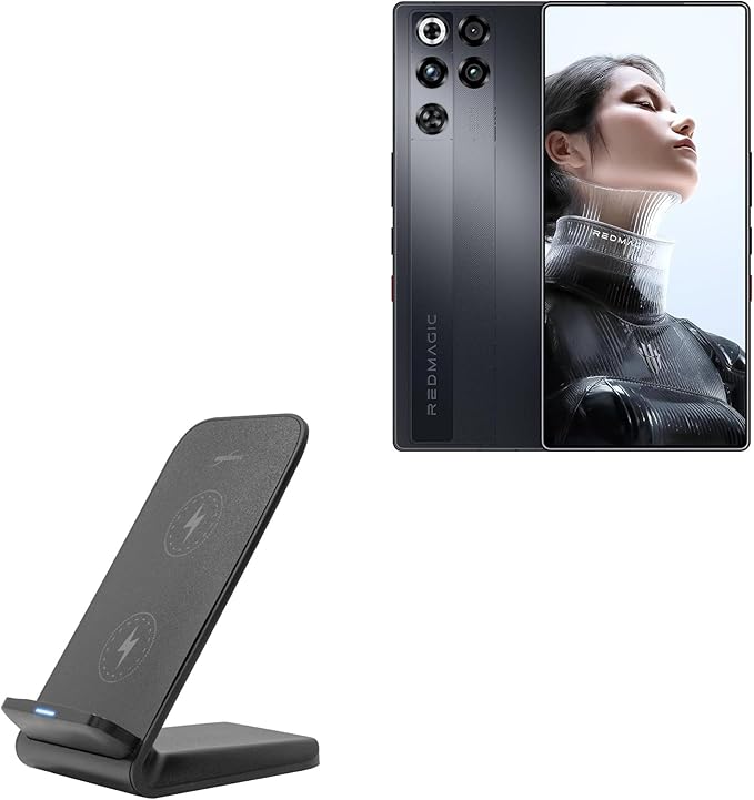 BoxWave Charger Compatible with RedMagic 11 Pro - Wireless QuickCharge Stand (15W) Desktop Viewing Qi Wireless Charging - Jet Black