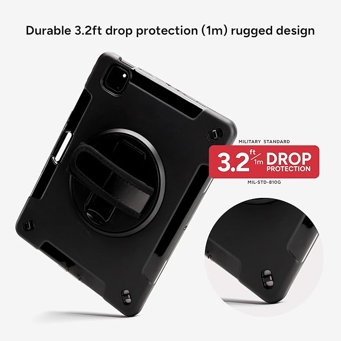 ZAGG Rugged Tablet Case for iPad Pro 13-inch (M5)/ Pro 13-inch (M4) - Protective 360° Rotating Hand Strap Integrated Kickstand Drop-Proof Ideal for Business Warehouse and Field Use Black