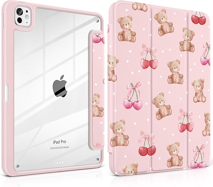 TWOLSKOO Case for iPad Pro 11-inch (M5 2025 / M4 2024) Clear Acrylic Back with TPU Bumper Pencil Holder Trifold Stand Auto Sleep/Wake Lovely Bear