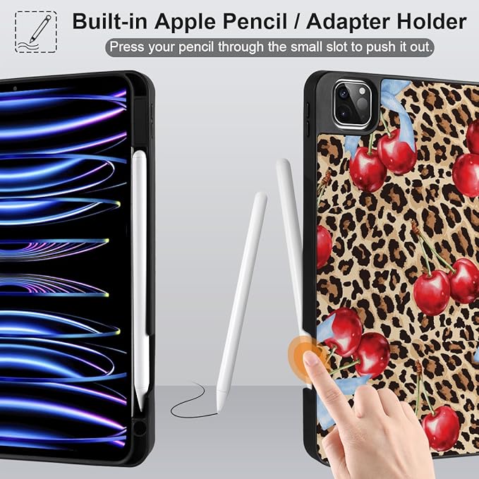 DONGKE Case for 2022/2021/2020/2018 iPad Pro 11 inch Gen 4/3/2/1 - Slim Protective Case - Built in Pencil Holder Support Charging - Trifold Stand &amp Sleep/Wake Cover- Leopard