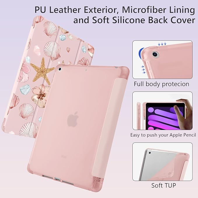 Cute Sea Shell Starfish for iPad (A16) 11th Generation Case 11 Inch 2025 for iPad 10th Generation Case 10.9 Inch 2022 with Pencil Holder Auto Sleep/Wake Pink Leather Soft TPU Back Cover