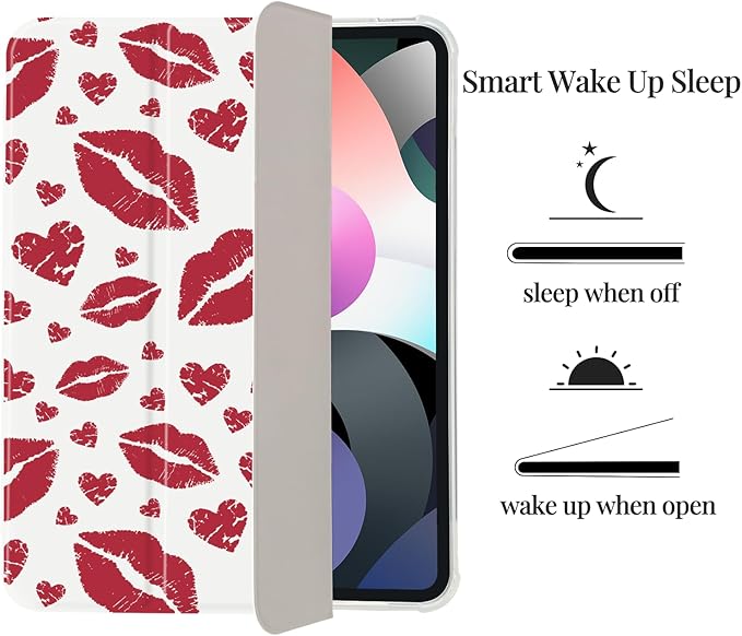 Red Lips Heart Case for iPad 11 Inch (A16) 11th 2025/iPad 10.9 Inch 10th Gen 2022[Pencil Holder+Auto Sleep/Wake]Slim Trifold Stand Protective Cover with Soft TPU BackWhite