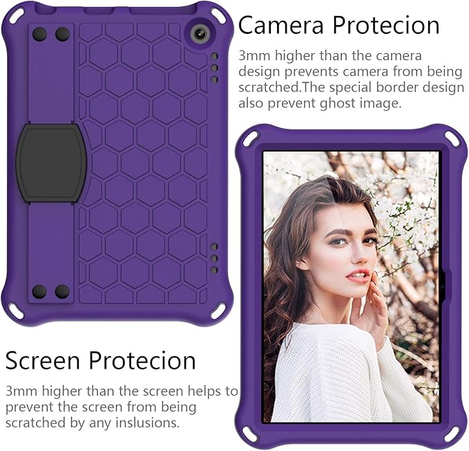 Bumper Case for Fire HD 8/Plus 10th Gen (2020 Only) Techcircle Shockproof Hand Belt Stand Cover Kids EVA Foam Honeycomb Protective Case with Shoulder Strap Handle Light Cover Purple
