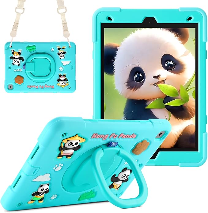 Case for iPad 9th/8th/7th Generation iPad 10.2 Inch 2021/2020/2019 Funny Cartoon Silicone 3D Panda Design Kids Case Heavy Duty Protection with Stand/Pencil Holder/Shoulder Strap