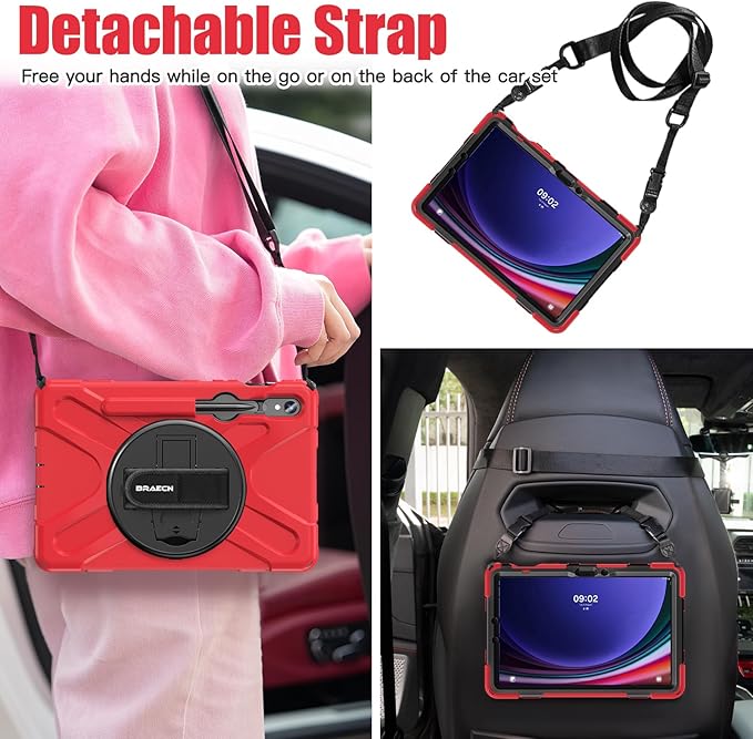 BRAECNstock for Samsung Galaxy Tab S10 Lite/ S10 FE/ S9 FE/ S9/ S8/ S7 5G Case 10.9/ 11 Shockproof Protective Kids Case with Pencil Holder Rotating Hand Strap &amp Stand Shoulder Strap Red