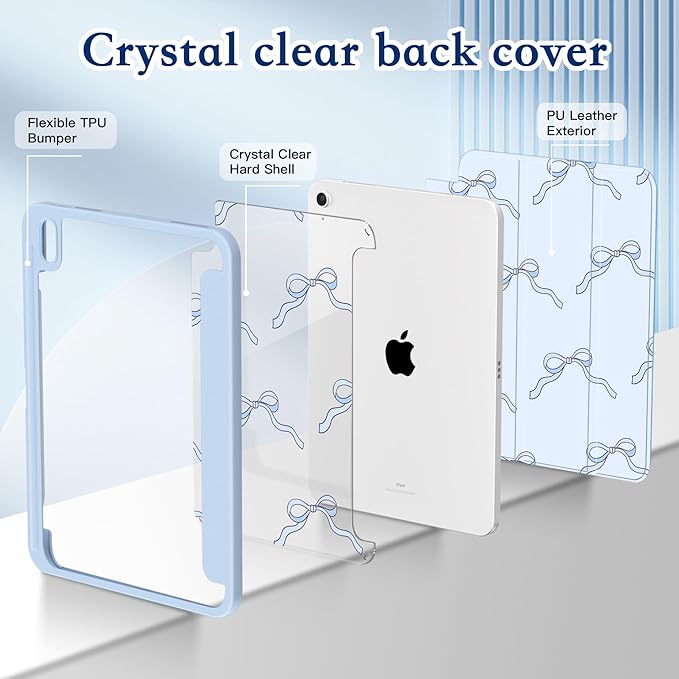 CISSOOK Compatible with iPad 11 Inch 2025 (A16) Case /10.9 inch iPad 10th 2022 with Apple Pencil Slot Auto Wake/Sleep Soft Light Blue Bow Shockproof Cover