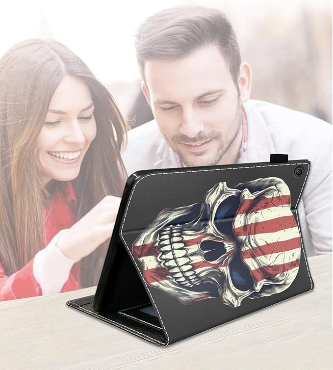 Case for Amazon Kindle Fire 7 Tablet (7 9th/7th Generation 2019/2017 Release) Slim PU Leather Cover with Card Slot &amp Auto Wake/Sleep American Flag Skull
