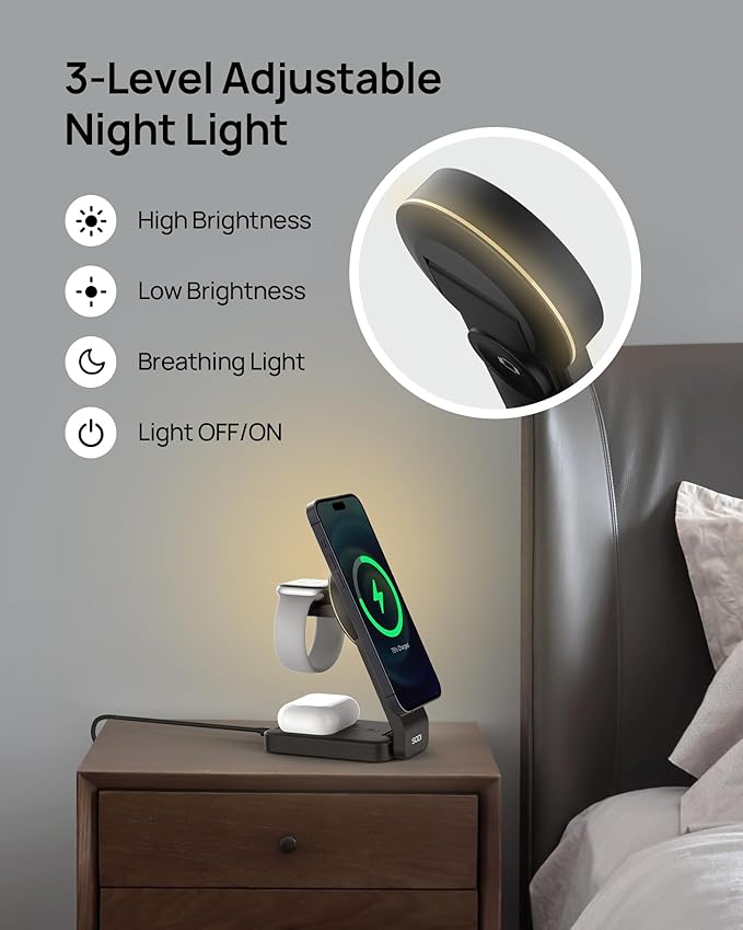 SODI Qi2 3-in-1 Foldable Wireless Charging Station with Night Light Fast 15W Portable Travel Charger Stand Nightstand Charger for iPhone/Android/Apple Watch/AirPods(W79-2)