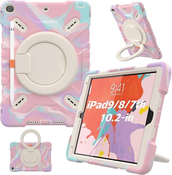 PEPKOO Triple Shockproof Case for iPad 9th/8th/7th Generation 10.2 inch 2021/2020/2019 Air 3rd Generation 10.5” Rugged Kid Cover with Pencil Holder/Handle Kickstand/Shoulder Strap Colorful Pink