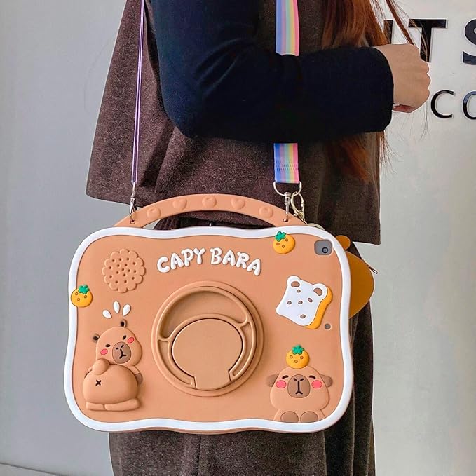 Capybara Kids Case for iPad 9th Gen(2021) / 8th Gen(2020) / 7th Gen(2019) 10.2 Inch3D Cute Silicone Cartoon Cover for Boys with Rotating Stand Adjustable Strap- Beige