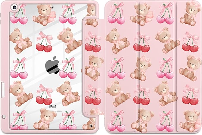 DONGKE for iPad 9th/8th/7th Generation Case 10.2 Inch (2021/2020/2019) [Auto Sleep/Wake &amp Pencil Holder] Clear Acrylic Back Trifold Stand Cover Bear &amp Cherry