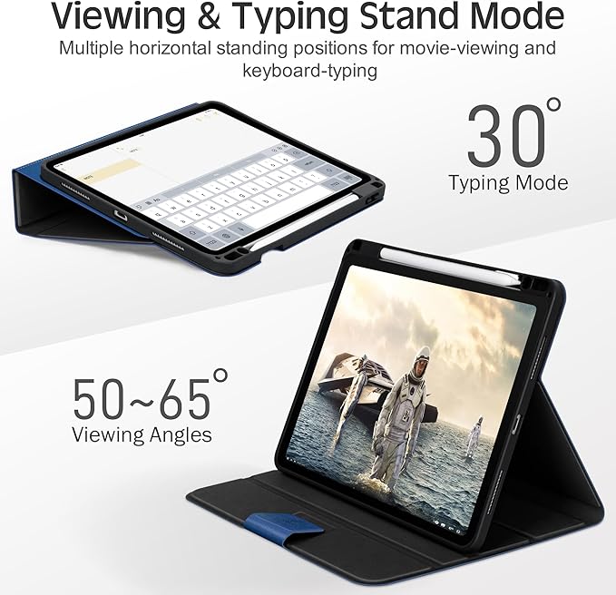 KingBlanc Case for iPad Pro 11 inch (M5 2025/M4 2024) with Pencil Holder Vegan Leather Smart Stand Cover Auto Sleep Wake Support Pencil Pro/(USB-C) Viewing/Typing Angle Durable Protection Blue