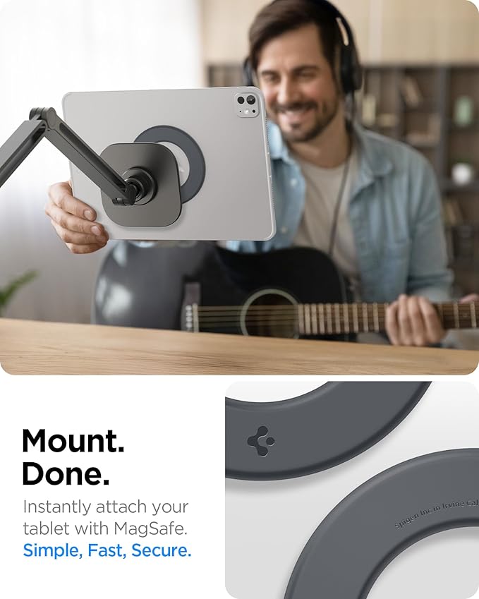 Spigen OneTap Clamp Tablet Stand Designed for All iPad/Pro/Air/Mini Models Compatible with 8.3 / 10.9 / Pro 11 / 12.9 / 13 Premium Adjustable Multi-Angle Magnetic Stand - Space Gray