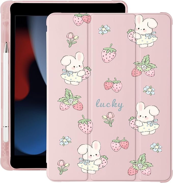 Cute Kawaii Bunny Strawberry for iPad Pro 11 Inch Case 4th/3rd/2nd Generation 2022/2021/2020 with Pencil Holder Auto Sleep/Wake Pink Leather Soft TPU Back Cover