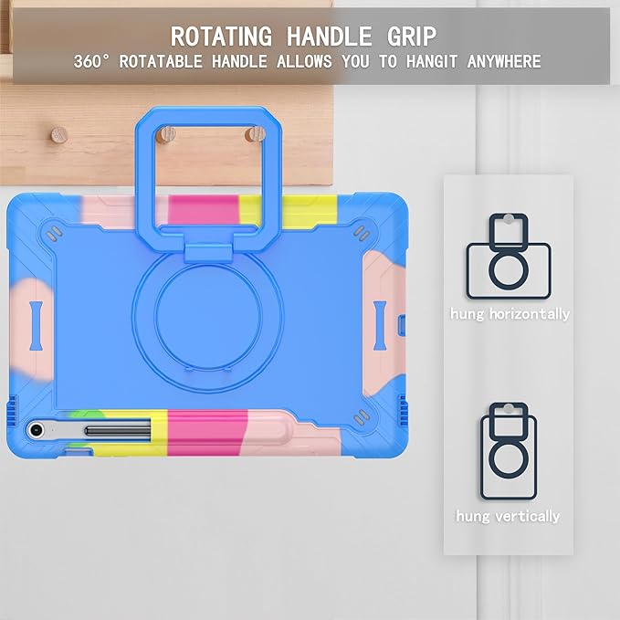 DETUOSI Case for Samsung Galaxy Tab S10 FE Plus 13.1 inch 2025 with Pencil Holder Heavy Duty Shockproof Case with Rotatable Stand &amp Shoulder Strap Camouflage Blue
