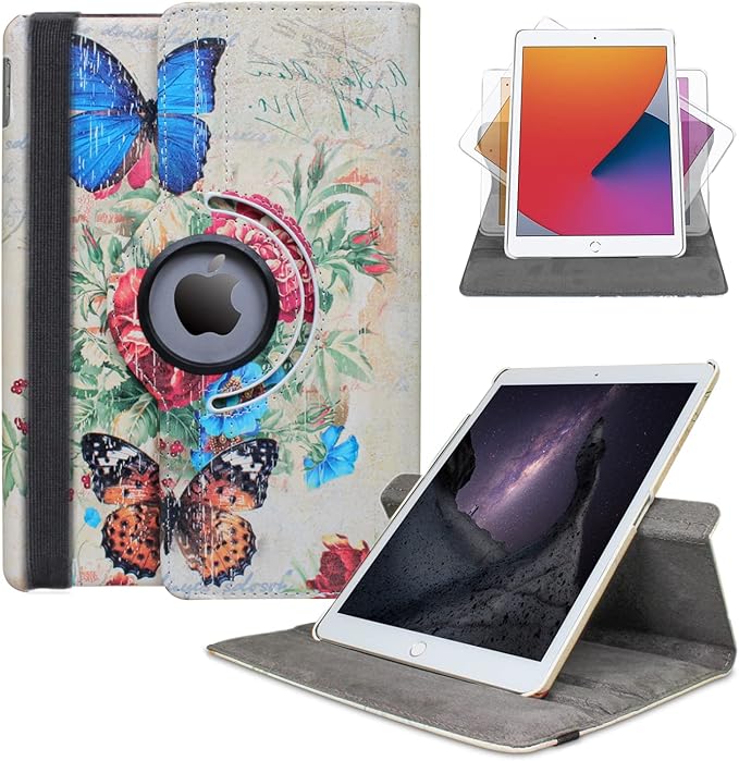 Case for ipad pro 12.9 inch 2nd &amp 1st Generation Old Model 2017/2015 MP6G2LL/A MQDA2LL/A MPLL2LL/A ML0F2LL/A ML3K2LL/A ML0N2LL/A ML0R2LL/A with Rotating Stand Auto Sleep/Wake Rose Flower/Butterfly