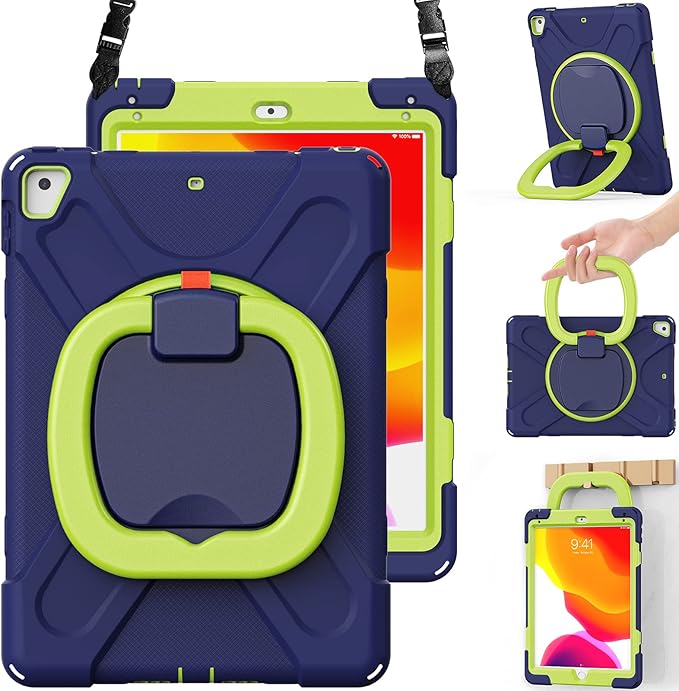 BRAECN Case for iPad 9.7” iPad 6th/5th Generation 2018/2017 iPad Air 2 Hybrid Shockproof Rugged Drop Protection Cover with Kickstand Pencil Holder Carrying Strap Hand Grip for Kids-Navy+Green