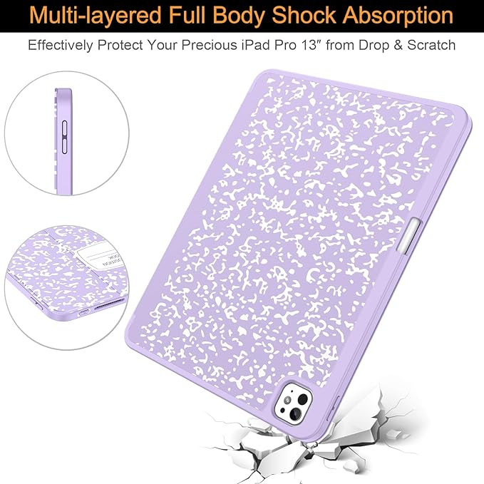 Soke Case for New iPad Pro 13 Inch (M5/M4 2025/2024 Release) with Pencil Holder Trifold Stand Shockproof [Support Apple Pencil Charging + Auto Wake/Sleep] Soft TPU Back Cover Book Lilac