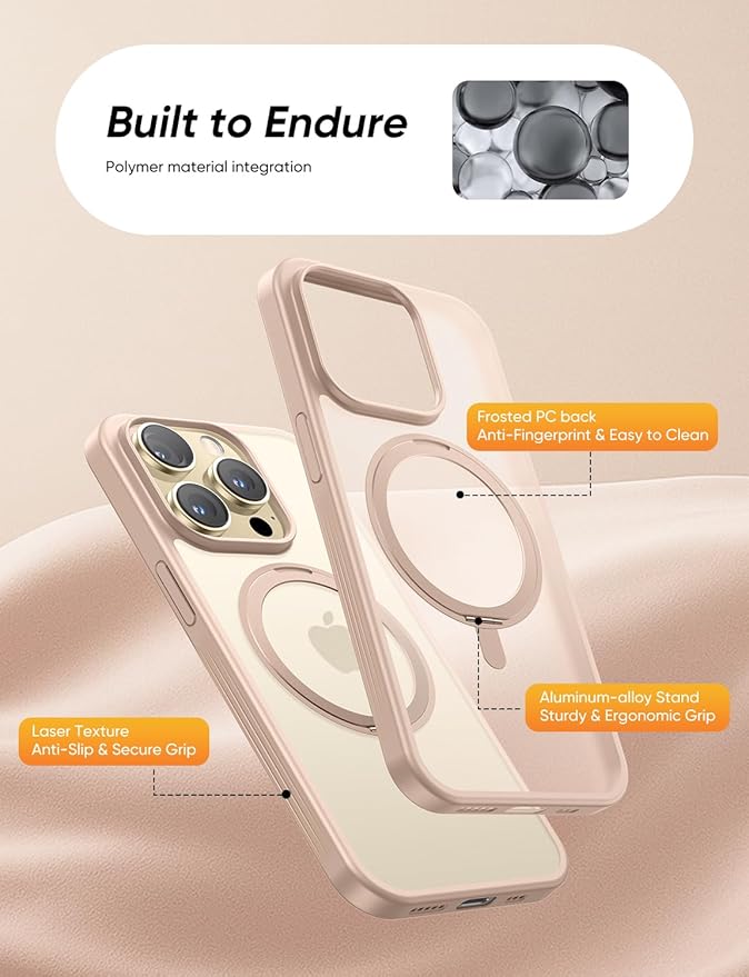 MAGIC JOHN 360° Rotatable Magnetic Invisible Stand for iPhone 14 Pro Case [Anti-Slip Grip] [Compatible with MagSafe] 16FT Shockproof for iPhone 14 Pro Case with Kickstand Rose Gold