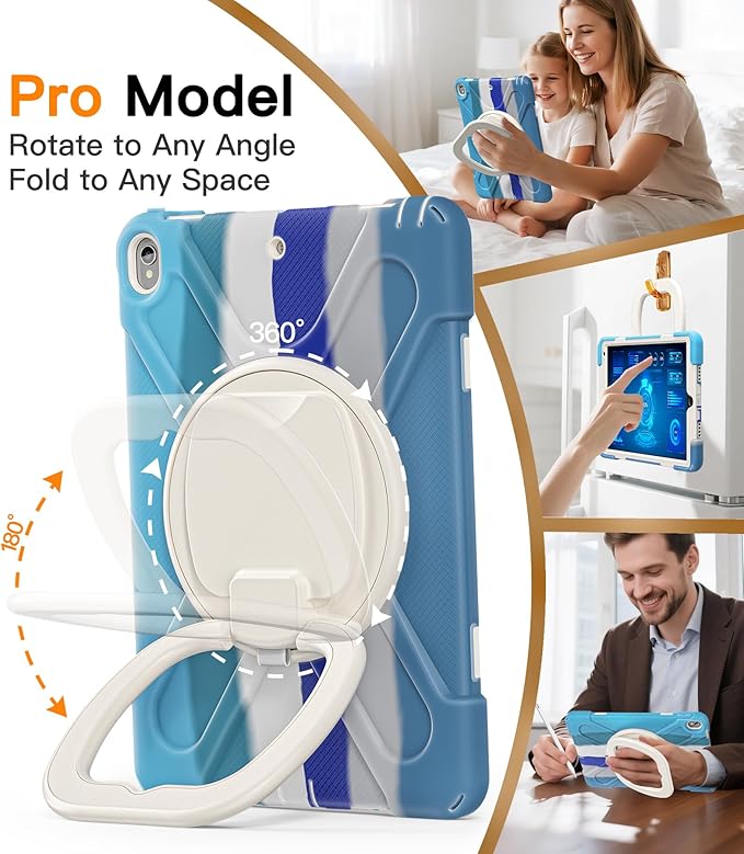 BATYUE 10.5 inch Case for ipad Air 3rd Generation 2019 / ipad pro 10.5 2017 Rugged Heavy Duty Protective Cover with Pencil Holder 360° Swivel Stand Shoulder Strap for Kids (Colourful Blue)