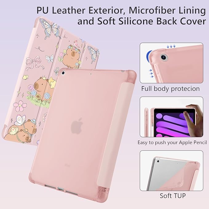 Cute Capybara Butterfly for iPad Air 3 Case with Pencil Holder Auto Sleep/Wake Pink Leather Soft TPU Back Cover for iPad Pro 10.5 Inch 2017