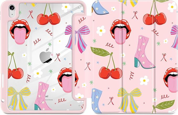 Case for iPad A16 11th Generation 11 inch 2025 iPad 10th Generation 10.9 inch 2022 -[Built-in Pencil Holder] Shockproof Clear Hard Back Trifold Stand Auto Wake/Sleep Cherry &amp Lip
