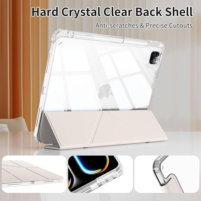 kenke Case for iPad Air 13 Inch (M3 2025/M2 2024) iPad Pro 12.9 Inch 6th/5th Generation (2022/2021) with Pencil Holder Y Folding Stand Cover with Hard Clear PC Back Support Touch ID Cream White