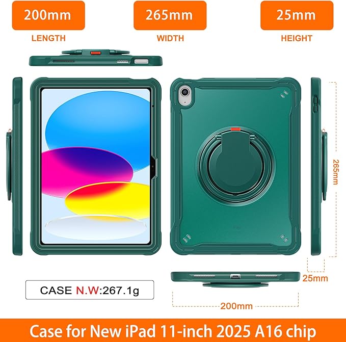 Batianda Ultimate Protective Case for New iPad 11th Generation 11 inch 2025 A16 Chip Sturdy Rugged Shockproof Silicone Tablet Cover with 360° Rotatable Ring Kickstand &amp Pencil Holder Teal