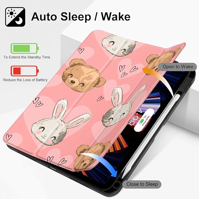 Mektron Case for iPad Air 11 inch (M4 2026 8th /M3 2025 7th /M2 2024 6th) Compatible with iPad Air 10.9 (2022 5th Gen /2020 4th Gen) Tablet Cover Buit in Pencil Holder Cute Bunny Bear