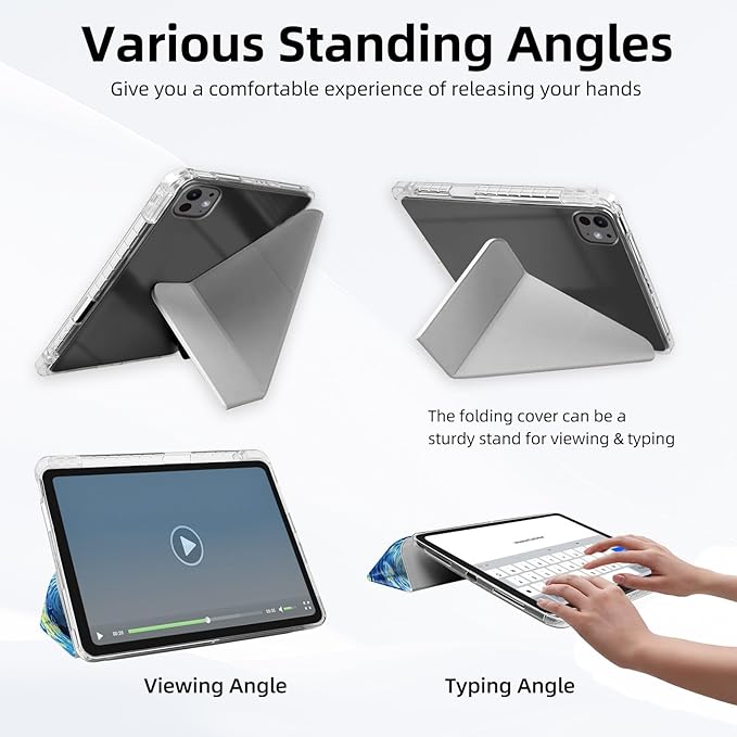 for iPad Pro 11 2024 Case with Pencil Holder Foldable Y-Shaped Protective Cover Stylish Clear Multi-Angle Viewing &amp Auto Sleep/Wake Starry Night Cat Tablet Case