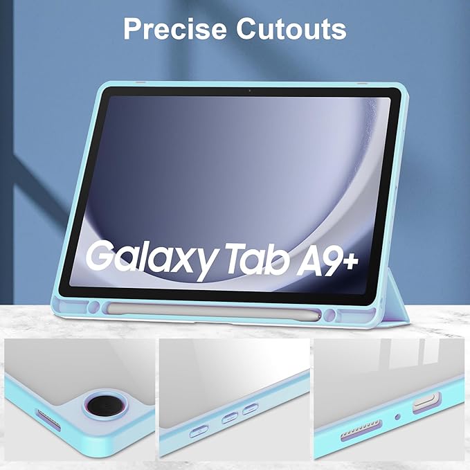 Stand Case for Galaxy Tab A9 Plus 11 Inch 2023 (SM-X210/X216/X218) UUcovers Trifold Cover with Pencil Holder [Auto Sleep/Wake] Clear Transparent Back Shell &amp TPU Shockproof Frame Sky Blue