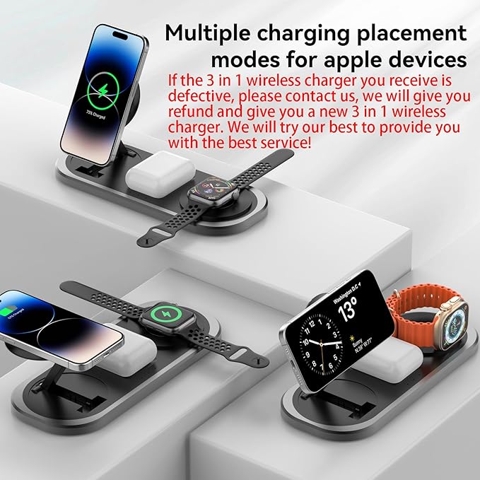 3 in 1 Fast Wireless Charger Stand for iPhone Foldable Travel Charging Station for Magsafe for iPhone 17/Air/16/15/14/13/12 Series Apple Watch Serie AirPods pro/2/3/4 2025 Christ mas Gifts (Black)